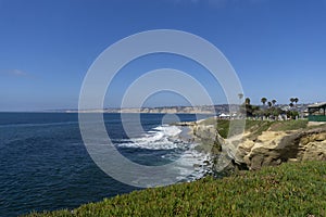 View of Pacific Ocean with beach and cliff. Torrey Pines State Natural Reserve and State Park La Jolla San Diego California