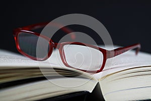 View on pages of open book with red reading glasses