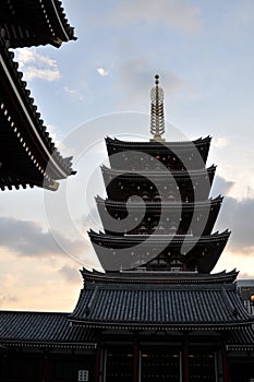 View of the Pagoda at the Senso-ji temple during twilight in Tokyo, Japan