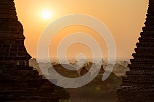 View of pagodas and sunrise in Bagan