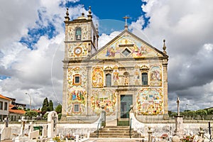 View at the painted decoration facade church Our Lady of Amparo in Valega ,Portugal