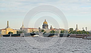 View of the Palace Bridge, St. Isaac's Cathedral, Admiralty in ty in the summer evening. St. Petersburg