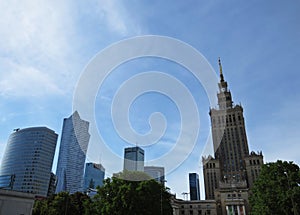 View at Palace of Culture and Science in Warsaw with Surrounding Skyscrapers of Business Center Downtown, Poland