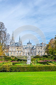 View of Palace la Granja de San Ildefonso from gardens, Spain photo