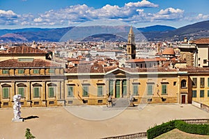 View of Palace of Pitty with garden and skyline of Florence, Italy. View of back facade of Palazzo Pitti, facing Boboli Gardens,