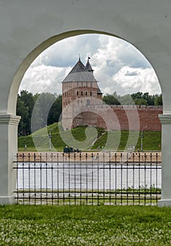 View of the Palace and Spa Towers of the Kremlin of Veliky Novgorod from the right bank of the Volkhov River