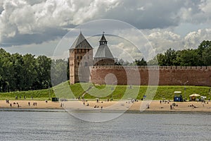 View of the Palace and Spa Towers of the Kremlin of Veliky Novgorod from the right bank of the Volkhov River
