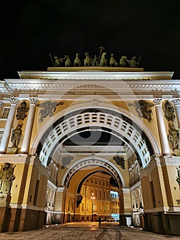 View from Palace Square in St. Petersburg to the arch of the General Staff building in an early winter morning.Triumphal Arch