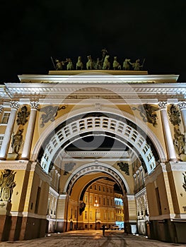 View from Palace Square in St. Petersburg to the arch of the General Staff building in an early winter morning.Triumphal Arch