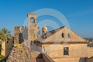 View of the palace tower, Alcazar de los Reyes Cristianos, Cordoba, Andalusia, Spain. Copy space for text