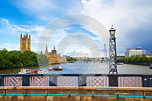 View of Palace of Westminster and Thames River London UK