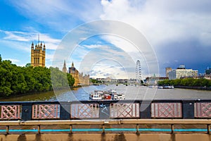 View of Palace of Westminster and Thames River London UK