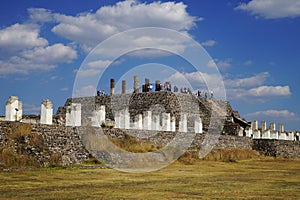View from Palacio Quemado towards Pyramid B, Tula archeological site, Mexico photo