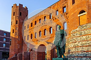 Palatine Gate with a statue Roman Era, in Turin