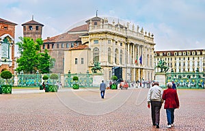 The view of Palazzo Madama from the Piazza Reale Royal Square, Turin, Italy