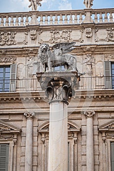 View of Palazzo Maffei and the Lion of Saint Mark in Verona Piazza delle Erbe, Veneto, Italy, Europe, World Heritage Site