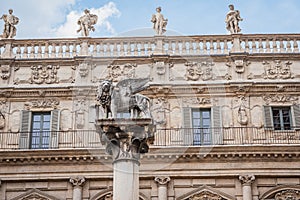 View of Palazzo Maffei and the Lion of Saint Mark in Verona Piazza delle Erbe, Veneto, Italy, Europe, World Heritage Site