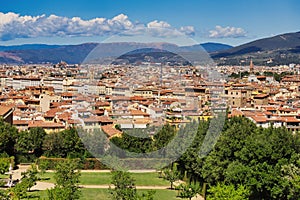 View on Palazzo Pitti from the Boboli Gardens. View of Palace of Pitty with garden and skyline of Florence, Italy. Boboli gardens