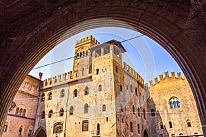 View of Palazzo Re Enzo Torre Lambertini palace from arch Bologna Italy