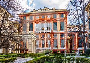 View of the palazzo rosso from a garden situated between palazzo bianco and palazzo doria tursi palace in Genoa, Italy