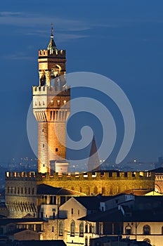 View of The Palazzo Vecchio town hall of Florence in Florence at evening. Tuscany, Italy