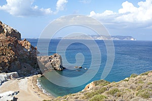 View of Paliorema Beach in Milos, Greece. Poliegos island in the background