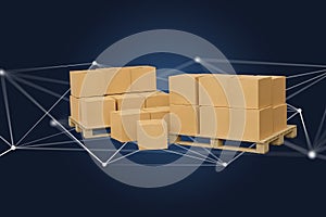 Pallet of carboxes with network connection system - 3d render