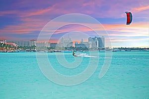 View on Palm Beach at Aruba island at sunset