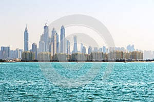 The view from Palm Jumeirah man-made island on Dubai city