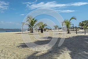 View of palm trees on beach, people and boats, on the island of Mussulo, Luanda, Angola