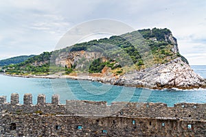 View of Palmaria island. Portovenere or Porto Venere town on Ligurian coast. Italy