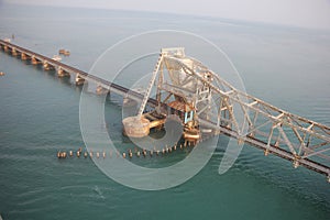 View of Pamban bridge in Rameshwaram. First indian bridge, which connects Pamban island in India.