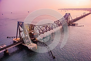 View of Pamban bridge in Rameshwaram. First indian bridge, which connects Pamban island in India.