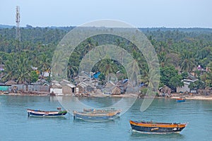 View of Pamban village and boats at Pamban, Rameswaram, Tamilnadu,