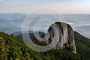 View on Panaghia Rock from top of Toaka Peak. Ceahlau National Park, Romania