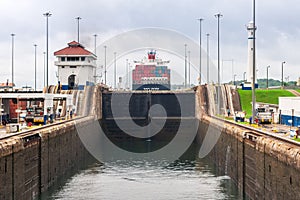 View on the Panama Canal locks with water cascades