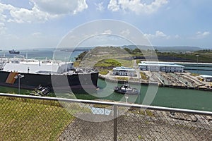 View of Panama Canal. Passage of a ship through the Panama Canal