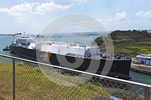 View of Panama Canal. Passage of a ship through the Panama Canal