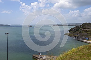 View of Panama Canal. Passage of a ship through the Panama Canal