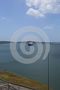 View of Panama Canal. Passage of a ship through the Panama Canal