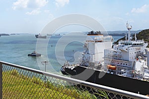 View of Panama Canal. Passage of a ship through the Panama Canal