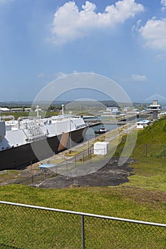 View of Panama Canal. Passage of a ship through the Panama Canal