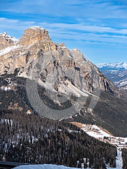 View of the Panorama and the village of Corvara from Piz Boe in the Sella Group, Alps Mountains, Italy photo