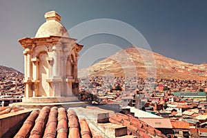 View panoramic of silver mines in Cerro Rico mountain from San Francisco church in Potosi, Bolivia