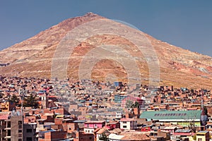 View panoramic of silver mines in Cerro Rico mountain from San Francisco church in Potosi, Bolivia