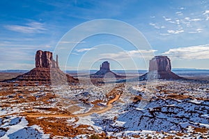 Panoramic view of Monument Valley Navajo Tribal Park in the snow