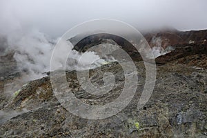 The view of Papandayan Mountain with smoke and sulfur.