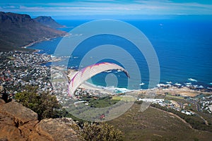 View of paragliding over Cape Town from Lion`s Head
