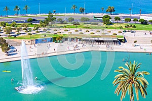 View of Parc de la Mar, Park of the Sea, with the sea in the background from the terrace of the Cathedral of Santa Maria of Palma,