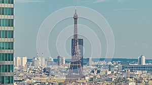 View of Paris and Eiffel Tower timelapse from the top of the skyscrapers in Paris business district La Defense